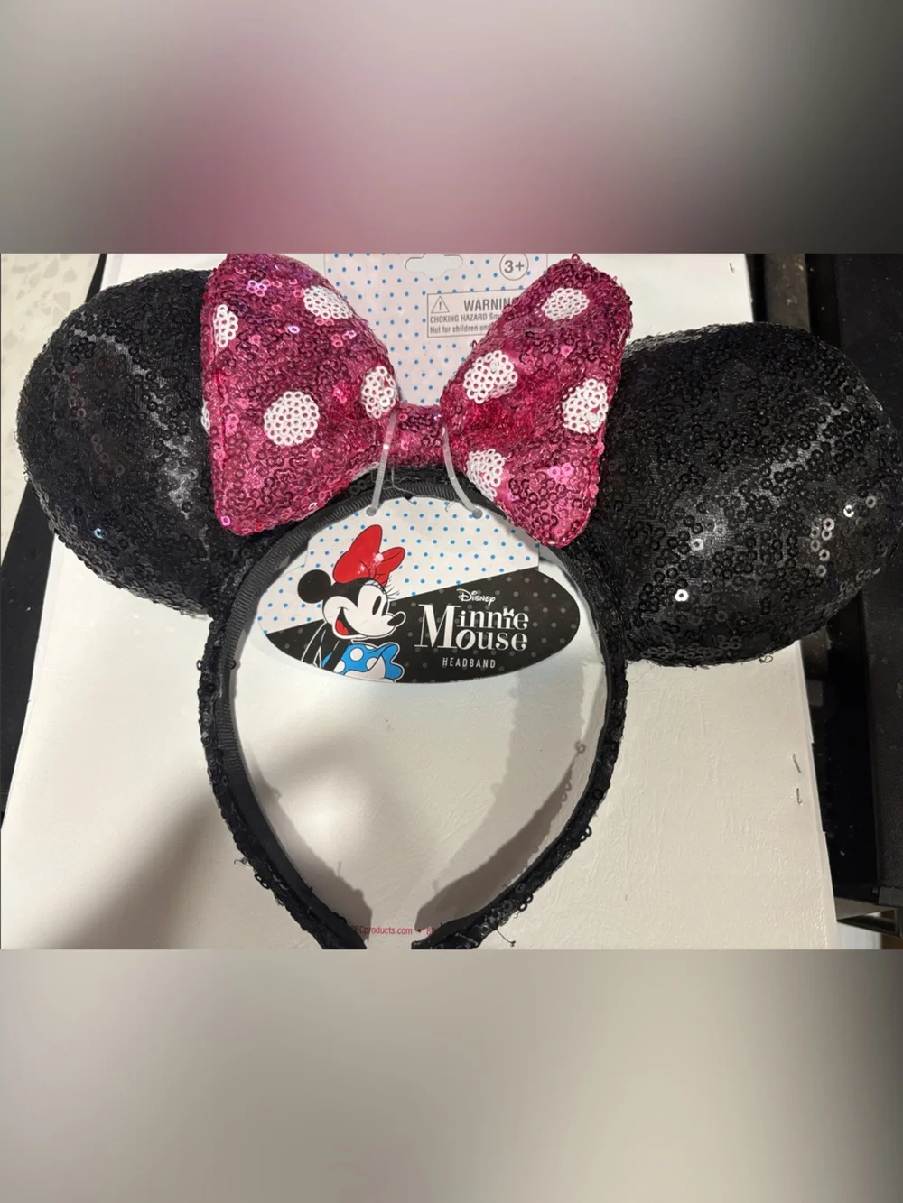 Disney Minnie Mouse Black Sequin Ear Headband with Pink Polka Dot Bow